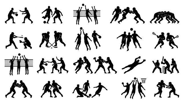 Sports Athletes Silhouettes Collection - Black  White Vector Glyphs