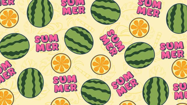 Summer pattern theme: playful looping 4K animation with watermelons, citrus slices, and bold &ldquo;summer&rdquo; text on a light tropical backdrop, creating a fresh, fun, and vibrant seasonal vibe.