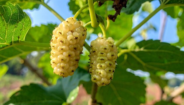 Close-up of ripe white mulberries hanging from a tree branch.