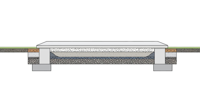 Technical Cross-Section Diagram of a Concrete Patio Foundation and Sub-Base Construction Layers