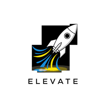 Elevate logo with rocket launching upwards.