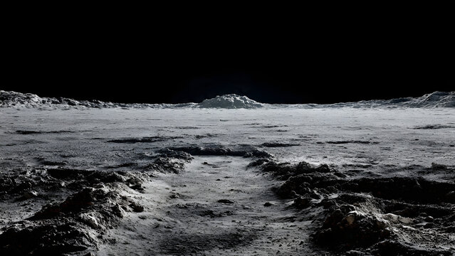 A desolate, rocky lunar landscape with craters and distant mountains under a dark, starless sky.