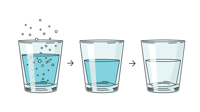 Three-step illustration showing a glass of clear sparkling water where bubbles gradually rise and settle over time.