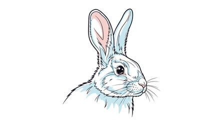 Fototapeta premium Detailed illustration of a white rabbit head with long ears and black eyes looking to the side on a white background.