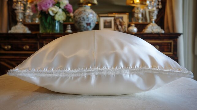 A lustrous ivory silk charmeuse pillowcase with a subtle sheen, showcasing its smooth texture and elegant drape.