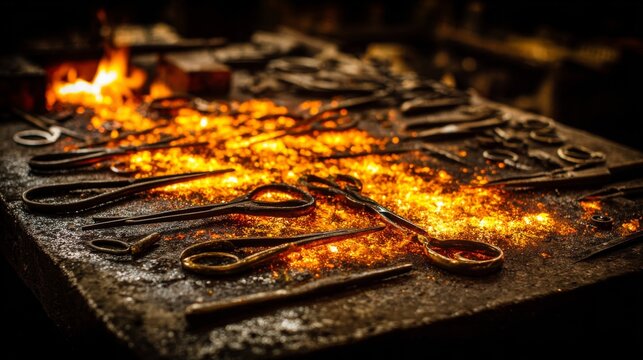 Collection of glowing metalworking tools heated in a fiery blacksmith forge, showcasing intense artisan craftsmanship and traditional iron shaping processes.