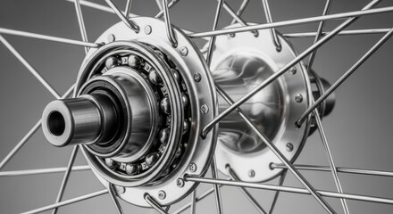 Detailed close-up of a gleaming bicycle wheel hub with polished ball bearings and metallic spokes