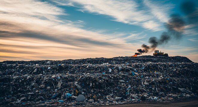 Sunset paints sky above massive landfill pile. Smoke rises from burning waste at hilltop. Heavy machinery operates amid discarded plastic. Colorful clouds contrast dark smoky plumes