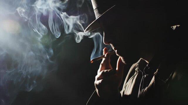 Silhouette of man in fedora smoking cigarette in dark