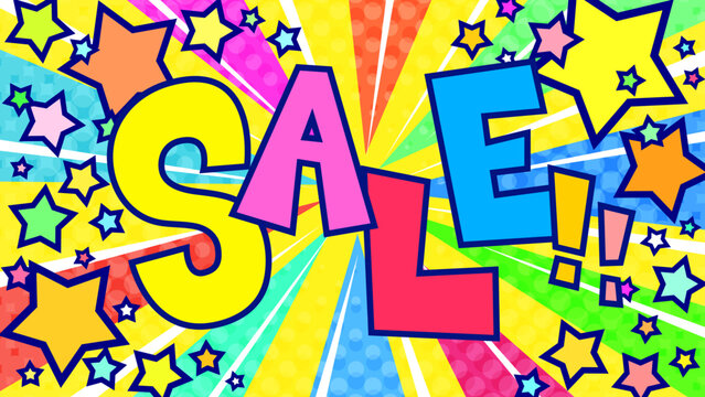 SALE文字入りの賑やかな集中線背景。カラフルな星が飛び出すポップなセールバナー。16:9素材