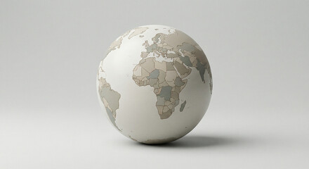 Fototapeta premium A 3D rendered globe showcasing the continents of Africa, Europe, and Asia with a light beige and white color scheme on a plain background.