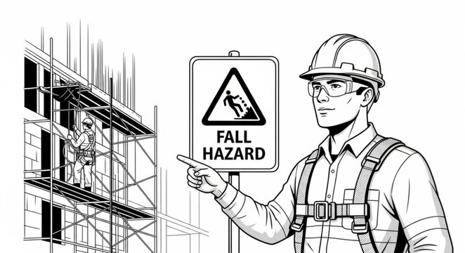 Construction worker pointing at fall hazard sign on a building site.