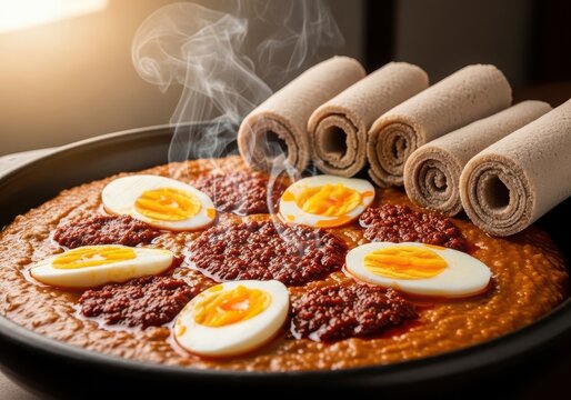 Traditional ethiopian doro wat stew with hardboiled eggs and rolled injera flatbread on a dark plate