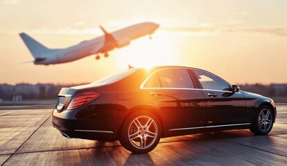 Obraz premium A sleek black luxury sedan parked on a runway with a plane taking off in the glowing sunset background.
