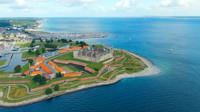 Helsingor, Denmark. A 16th-century castle with a banquet hall and royal chambers. The prototype of Elsinore Castle in the play Hamlet. Drone footage, Point of interest