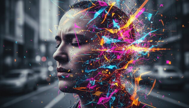 Abstract human mind with colorful neural energy explosion in urban environment, concept of brainstorming, brain activity, overstimulation and cognitive overload
