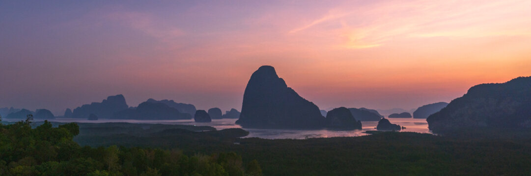 tropical islands in the phang nga bay from samet nangshe viewpoint at sunset in krabi in thailand