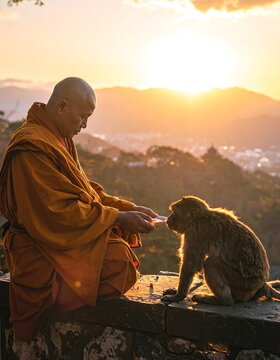 A monk and a monkey interact at sunrise