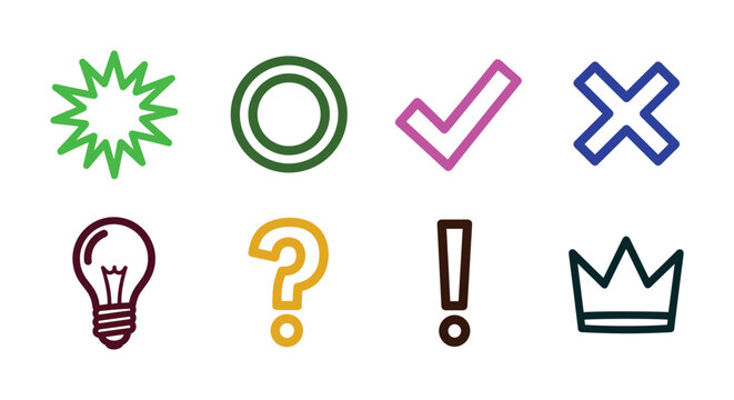 Colorful Hand-Drawn UI Symbol Icon Set &mdash; Lightbulb Crown Question Mark Check Cross Circle Star Vector