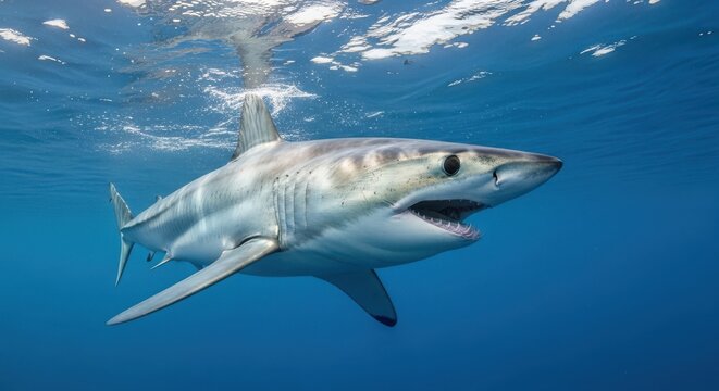 Powerful Mako Shark Hunting in Deep Blue Ocean Waters, Capturing Fierce Predatory Instincts