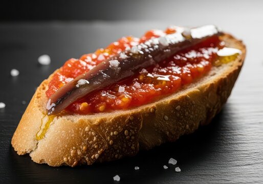 Tosta de pan con tomate rallado, aceite de oliva virgen extra y anchoa del cantbrico sobre fondo oscuro