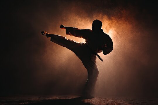A silhouetted martial artist kicks toward the viewer in a plume of glowing fog