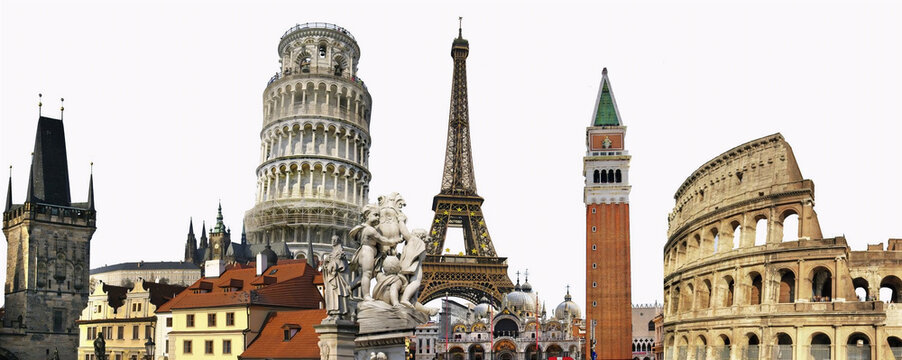 A panoramic collage featuring iconic European monuments against a white background, celebrating European culture, travel, and unity for Europe Day.
