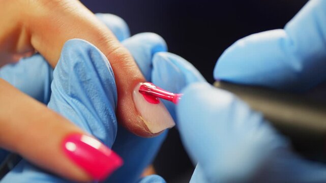 Carefully apply bright gel polish to the nail plate for perfect coverage. High quality 4k footage