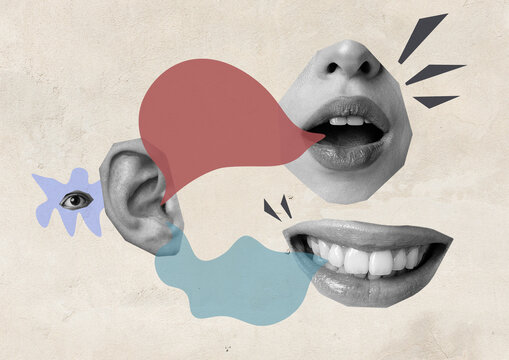 Unique collage illustrating communication through facial expressions and body language