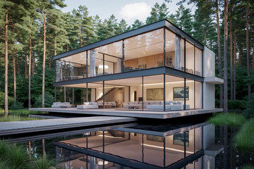 Fototapeta premium modern house with large windows on water surrounded by trees