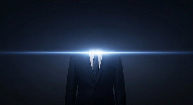 Sleek business suit, headless, with a brilliant horizontal light beam for a mind