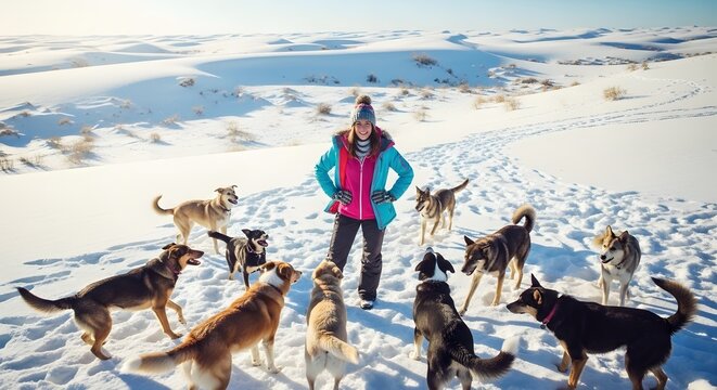 Woman in colorful winter jacket and hat standing in snow surrounded by multiple dogs in a snowy landscape during daytime for outdoor adventure and pet activity