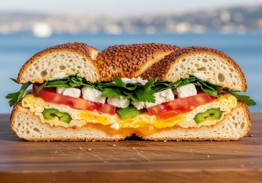 Delicious breakfast sandwich with simit bread, omelet, feta cheese, fresh tomatoes, peppers and parsley
