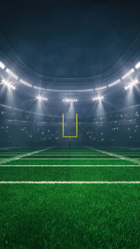 American football field at a sports stadium with glowing spotlights and fans ready for the upcoming night sporting event.
