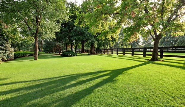 A sunlit, manicured green lawn bordered by trees and a wooden fence casting long shadows in a peaceful park setting.