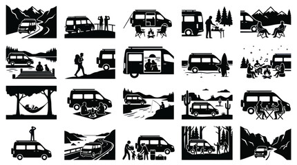 Obraz premium Van Life and Outdoor Camping Adventure Black White Glyph Icons