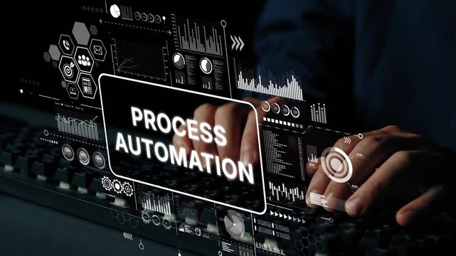 Hands on Keyboard with Process Automation Interface Displaying Data Visualizations and Digital Elements for Technology Background. Asymptotic smart data analytic.