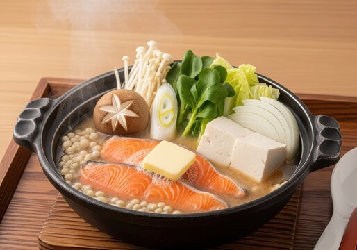 Salmon ishikari nabe hot pot with tofu, mushrooms, vegetables and butter in a cast iron pot on a wooden tray