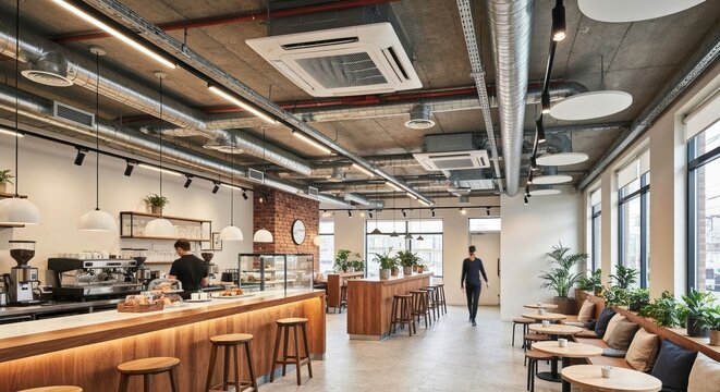 Stylish Modern Caf Interior Featuring Exposed HVAC System, Cozy Seating, and Abundant Greenery