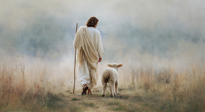 jesus walking with sheep in a misty field.