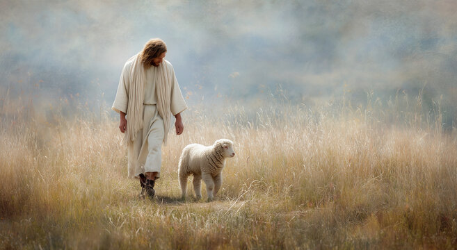 jesus walking with sheep in a misty field.