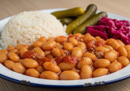 Traditional turkish kuru fasulye with rice pilaf, pickles, and red cabbage salad