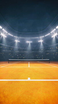 Clay tennis court at a sports arena with glowing spotlights and fans ready for the upcoming night sporting event.