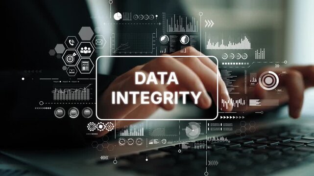 Business professional working on laptop with data integrity concept, digital security and analytics visualizations in background. Asymptotic smart data analytic.