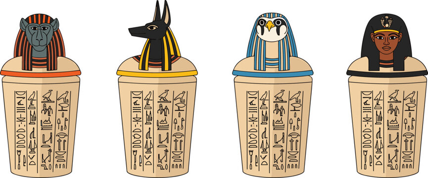Set of ancient Egyptian canopic jars featuring the four sons of Horus with hieroglyphs for historical education mythological storytelling burial rituals and cultural museum heritage