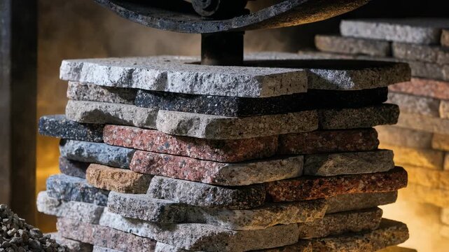 Closeup of handcrafted sintered stone paving slabs being compressed and fired emphasizing the durable texture ideal for hightraffic plaza surfaces.