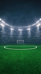 Football and soccer field at a sports stadium with glowing spotlights and fans ready for the upcoming night sporting event. © LeArchitecto