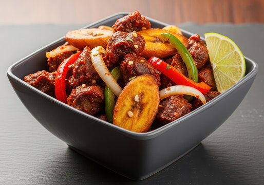 Gizzard and plantain stirfry with bell peppers and onions in a grey bowl, served with a lime wedge