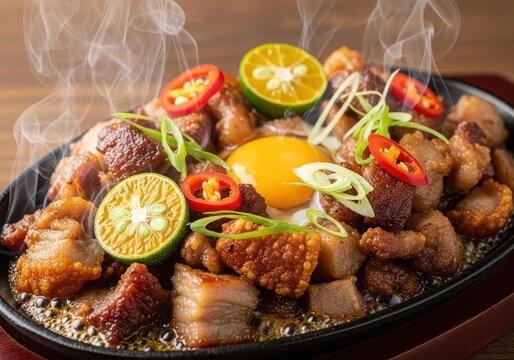 Sizzling pork sisig with egg, calamansi, and chili peppers on a hot plate
