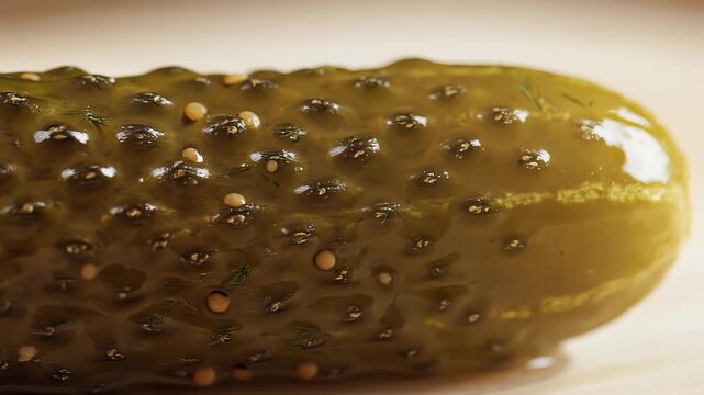 Close up macro shot of a dill pickle with water droplets.
